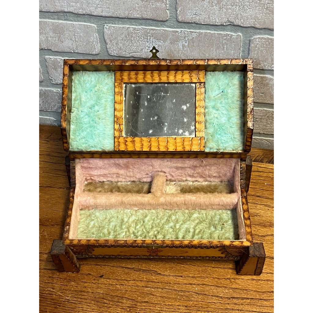 Antique Tramp Art Dresser Jewelry Box Mirrored Chip Carved Folk Art AAFA Primitive