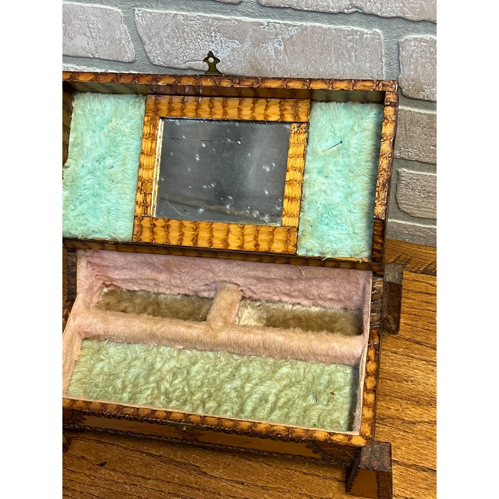 Antique Tramp Art Dresser Jewelry Box Mirrored Chip Carved Folk Art AAFA Primitive