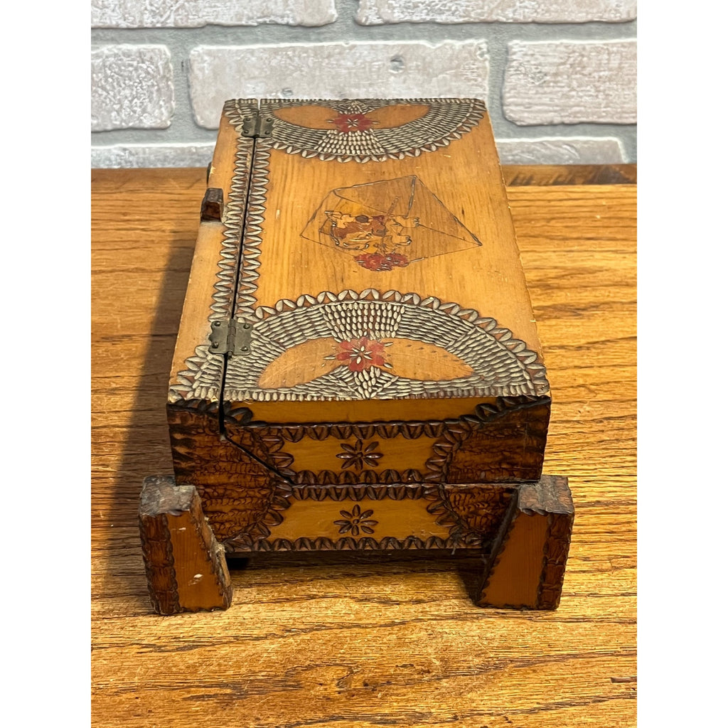Antique Tramp Art Dresser Jewelry Box Mirrored Chip Carved Folk Art AAFA Primitive