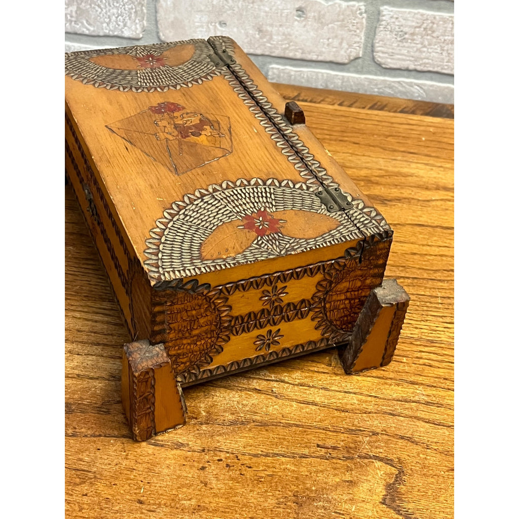 Antique Tramp Art Dresser Jewelry Box Mirrored Chip Carved Folk Art AAFA Primitive