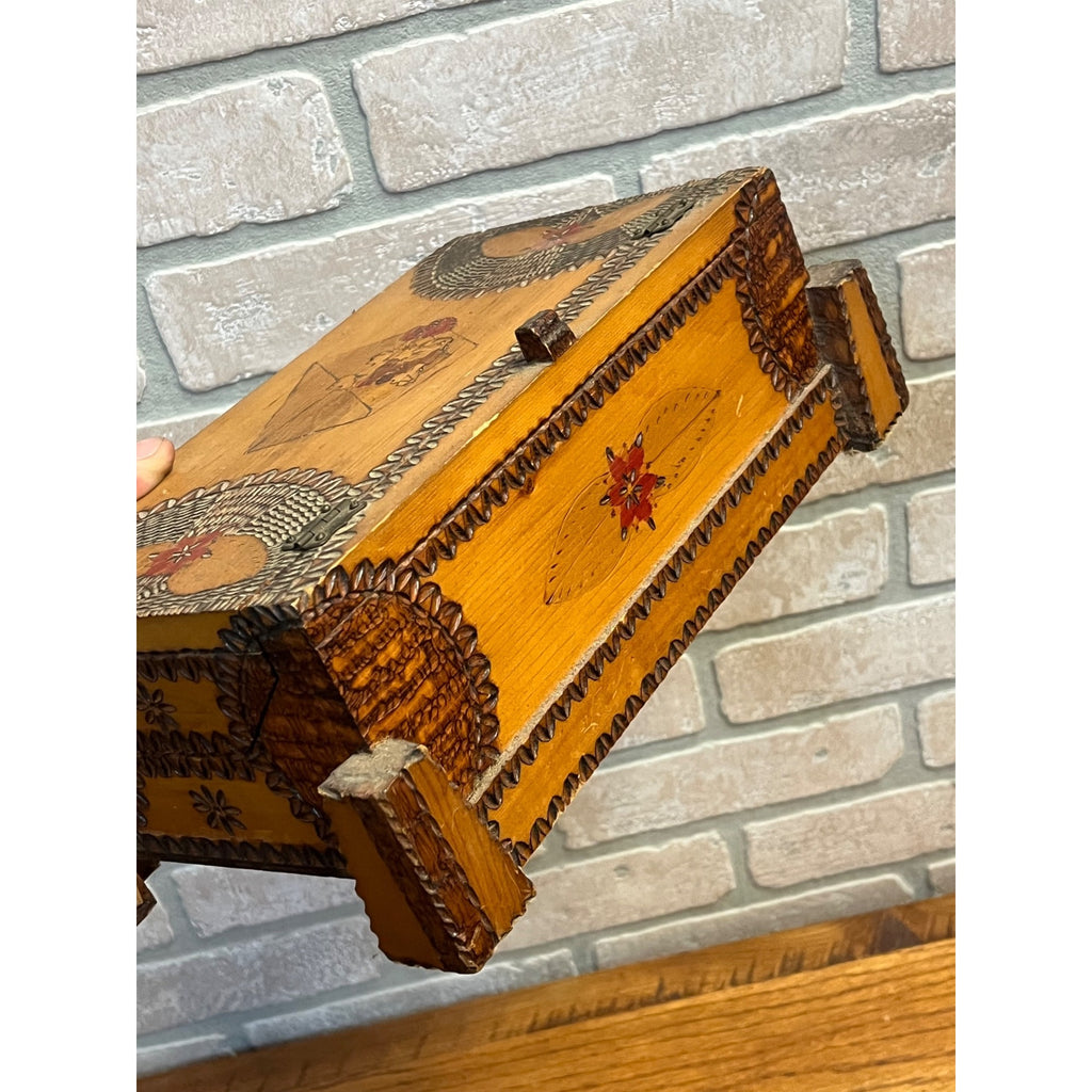 Antique Tramp Art Dresser Jewelry Box Mirrored Chip Carved Folk Art AAFA Primitive