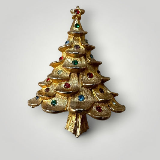 Vintage Christmas Tree Gold-Tone Rhinestone Brooch Pin Womens Fashion Jewelry