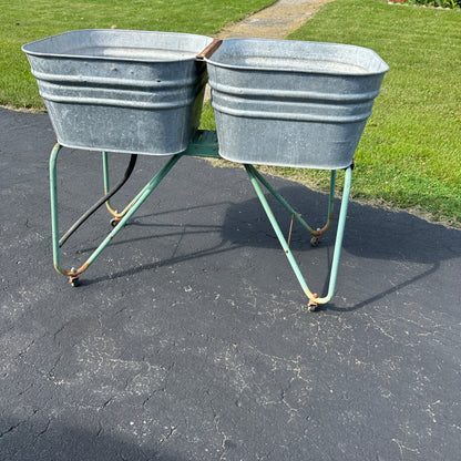 Antique Double Washstand Wash Sink Galvanized Tubs W/ Stand Planter