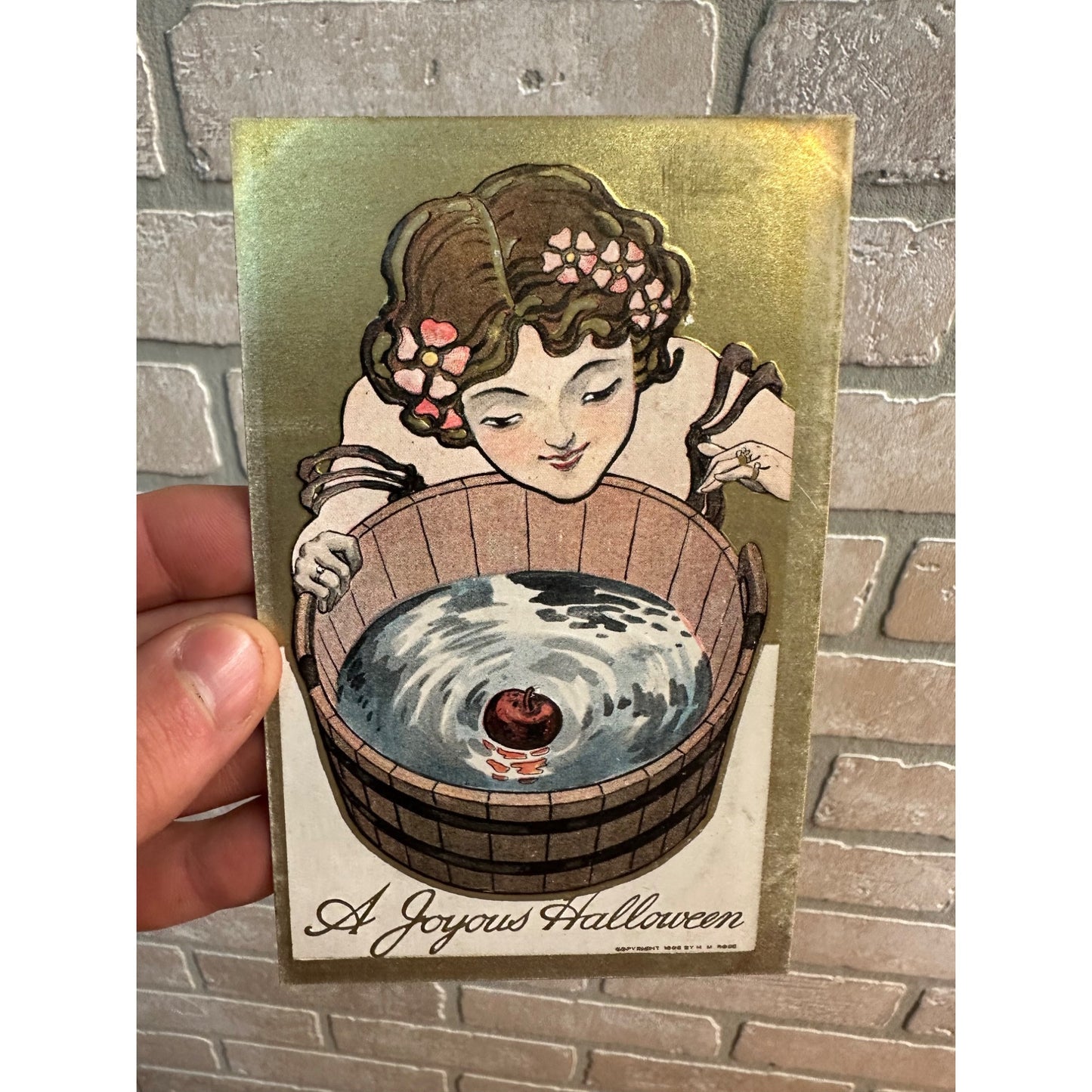 Vintage Halloween Postcard - Girl Bobbing for Apple Joyous Gold Trim - TR Co.