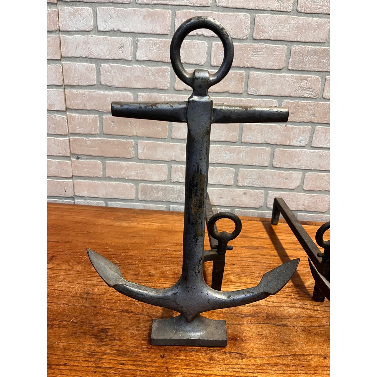 Antique 1920s Cast Iron Anchor Nautical Andiron Set Maritime Fireplace Fire Dogs