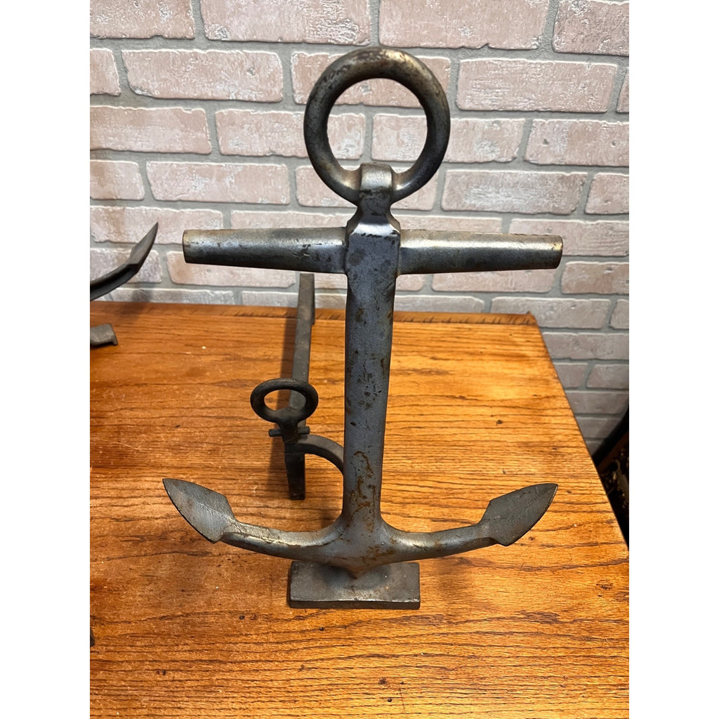 Antique 1920s Cast Iron Anchor Nautical Andiron Set Maritime Fireplace Fire Dogs