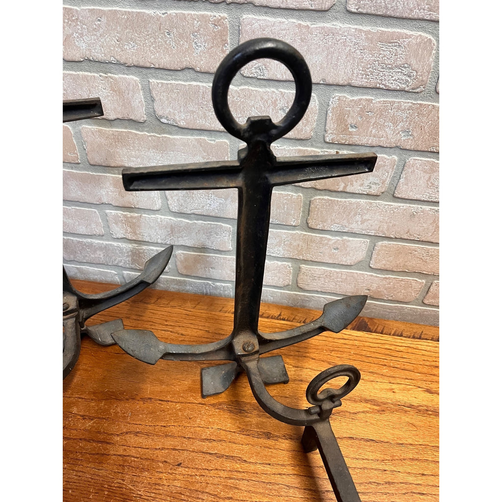 Antique 1920s Cast Iron Anchor Nautical Andiron Set Maritime Fireplace Fire Dogs
