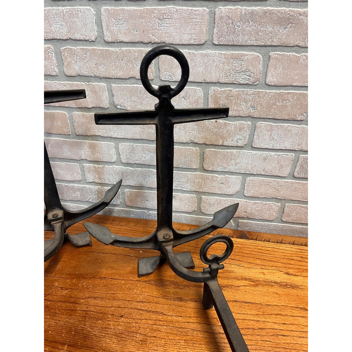 Antique 1920s Cast Iron Anchor Nautical Andiron Set Maritime Fireplace Fire Dogs