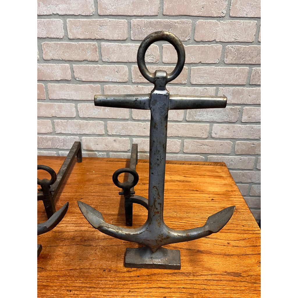 Antique 1920s Cast Iron Anchor Nautical Andiron Set Maritime Fireplace Fire Dogs