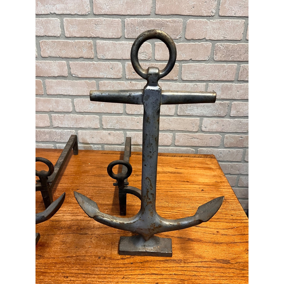 Antique 1920s Cast Iron Anchor Nautical Andiron Set Maritime Fireplace Fire Dogs