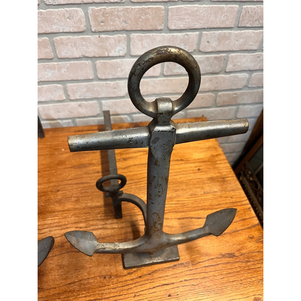 Antique 1920s Cast Iron Anchor Nautical Andiron Set Maritime Fireplace Fire Dogs
