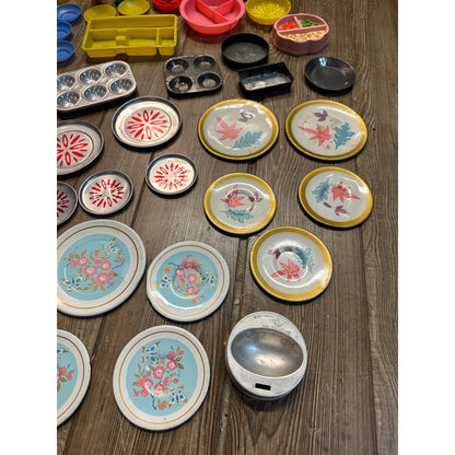 Vintage Child's Bakeware Play Food Set Tins Plates Kitchen Utensils