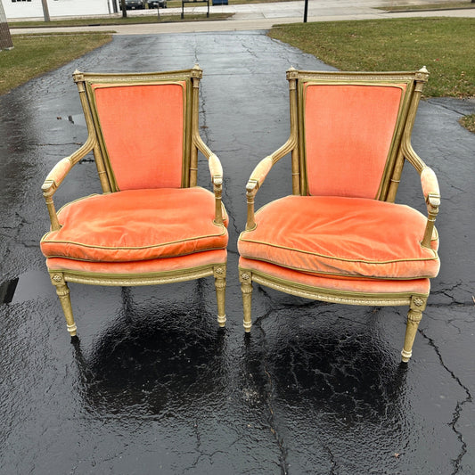 Vintage Pair of Louis XV Style Peach Queen Victorian parlor Armchairs Chairs Pink