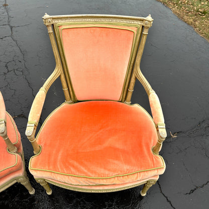 Vintage Pair of Louis XV Style Peach Queen Victorian parlor Armchairs Chairs Pink