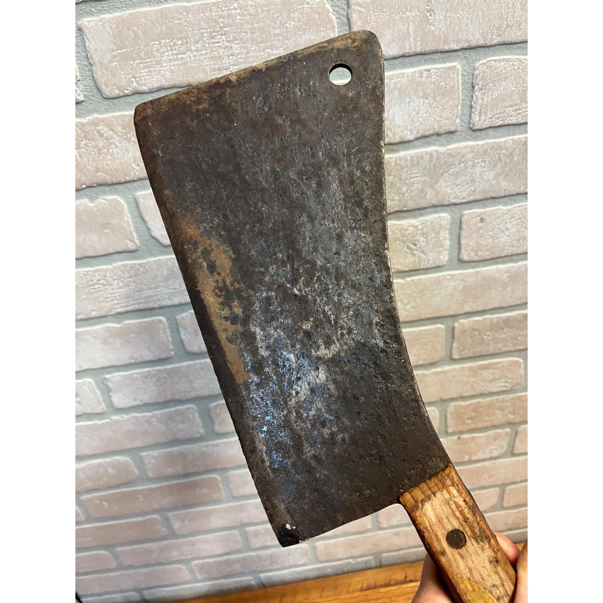 Antique Steel Butcher Meat Cleaver Knife Wood Handle 17.5" for Restoration