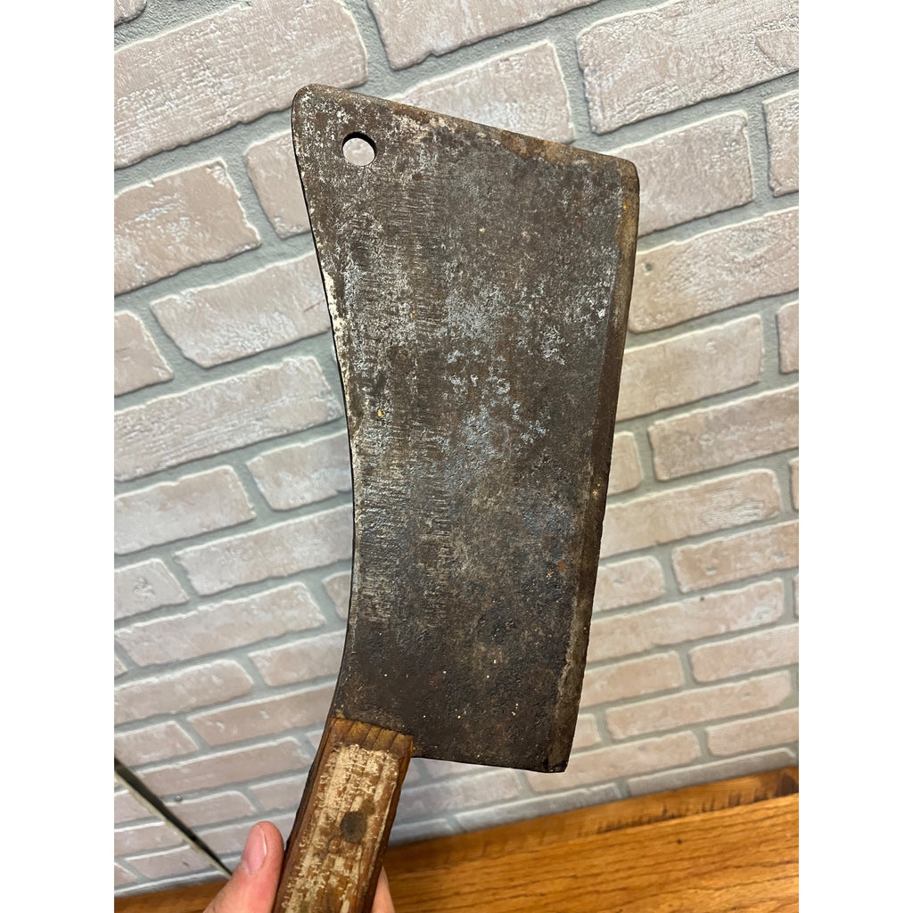 Antique Steel Butcher Meat Cleaver Knife Wood Handle 17.5" for Restoration