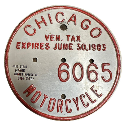 Vintage 1983 Chicago Motorcycle Vehicle Tax Tag Embossed Sign