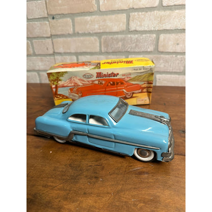 RARE 1950'S MINISTER DELUXE FRICTION LITHO TIN PONTIAC CAR WITH BOX