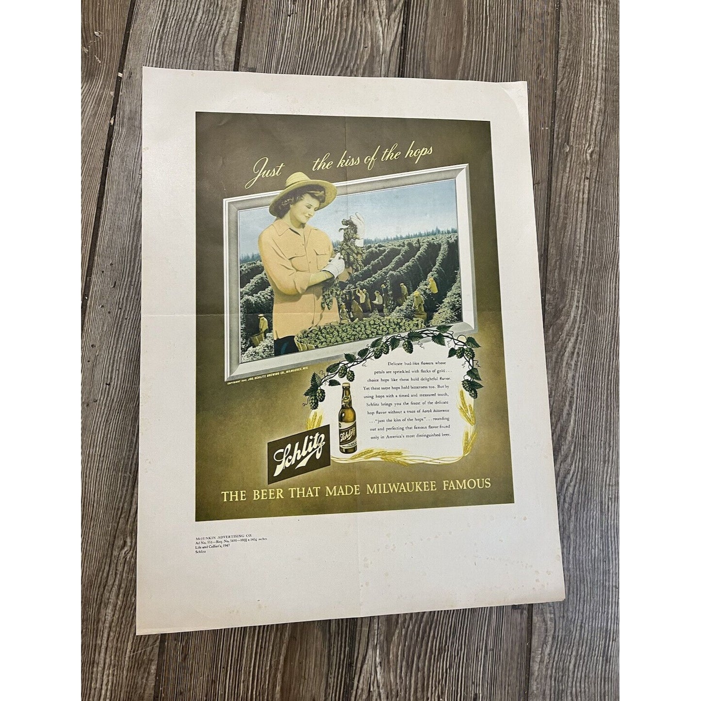 RARE Vintage 1947 Schlitz Milwaukee Beer Original Advertisement PROOF Ad Sign