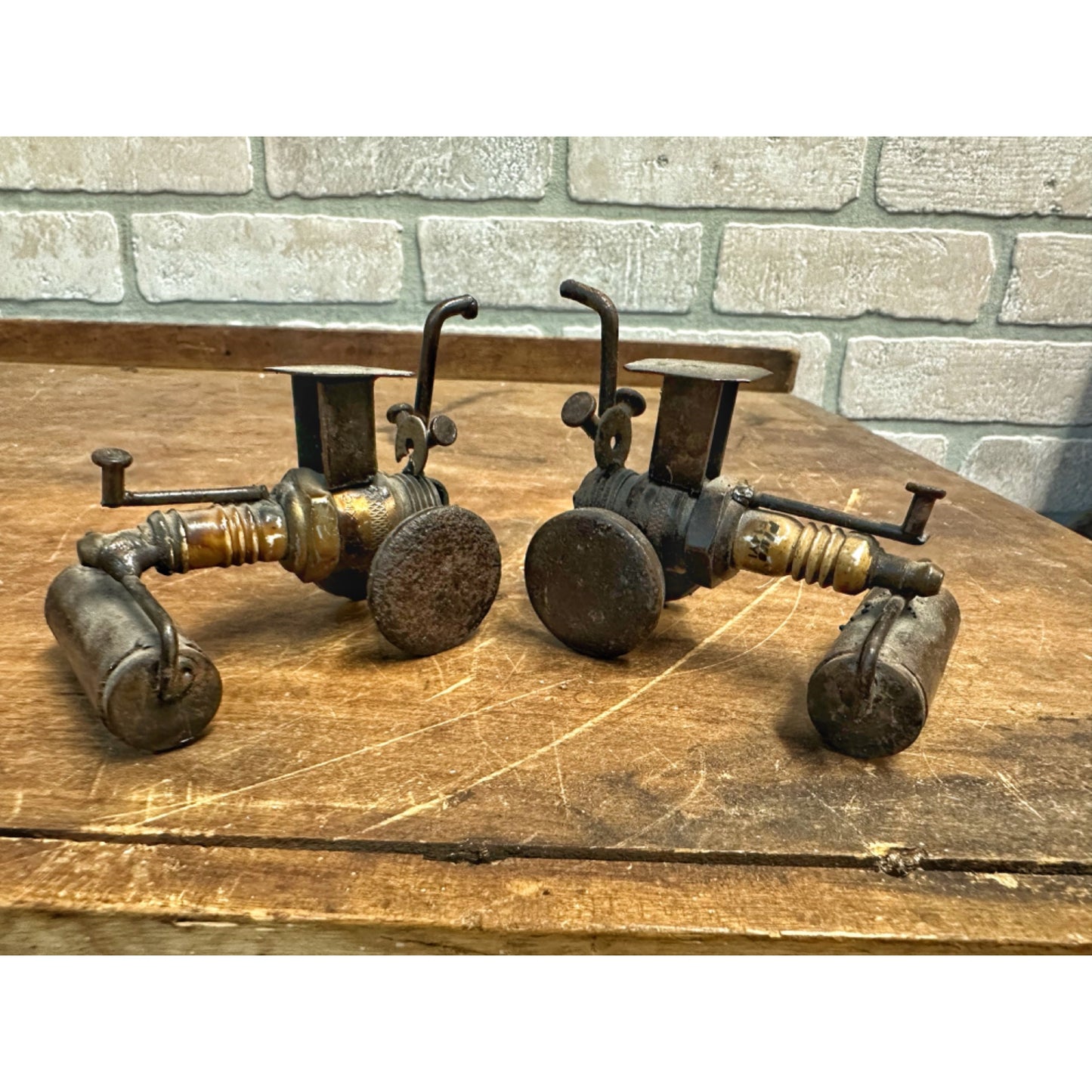 Vintage Lot (2) Spark Plug Recycled Folk Art Steam Roller Tractor Sculptures Toys