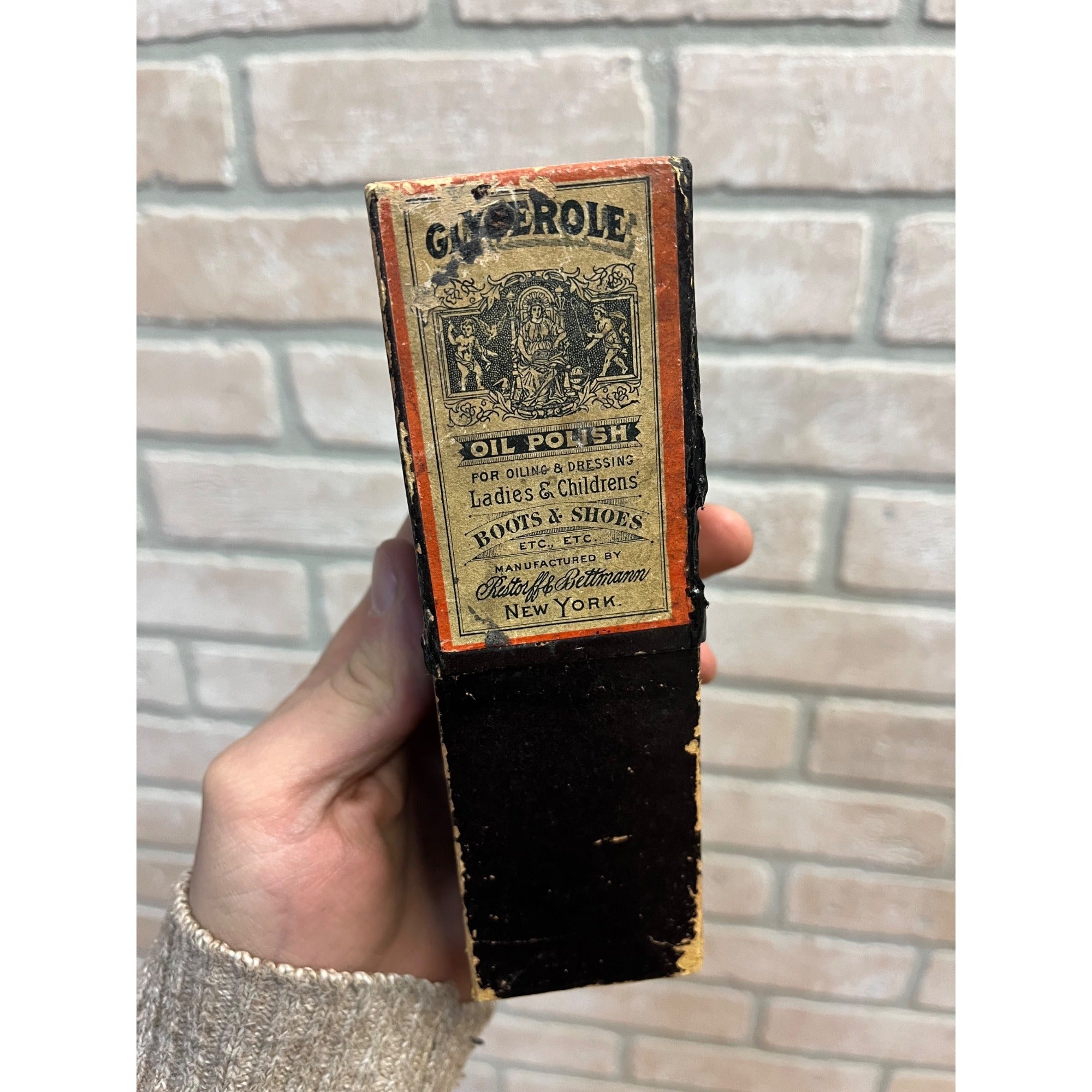 Antique c1890s Restorff & Bettmann’s Glycerole Shoe Oil Advertising Empty Box NY