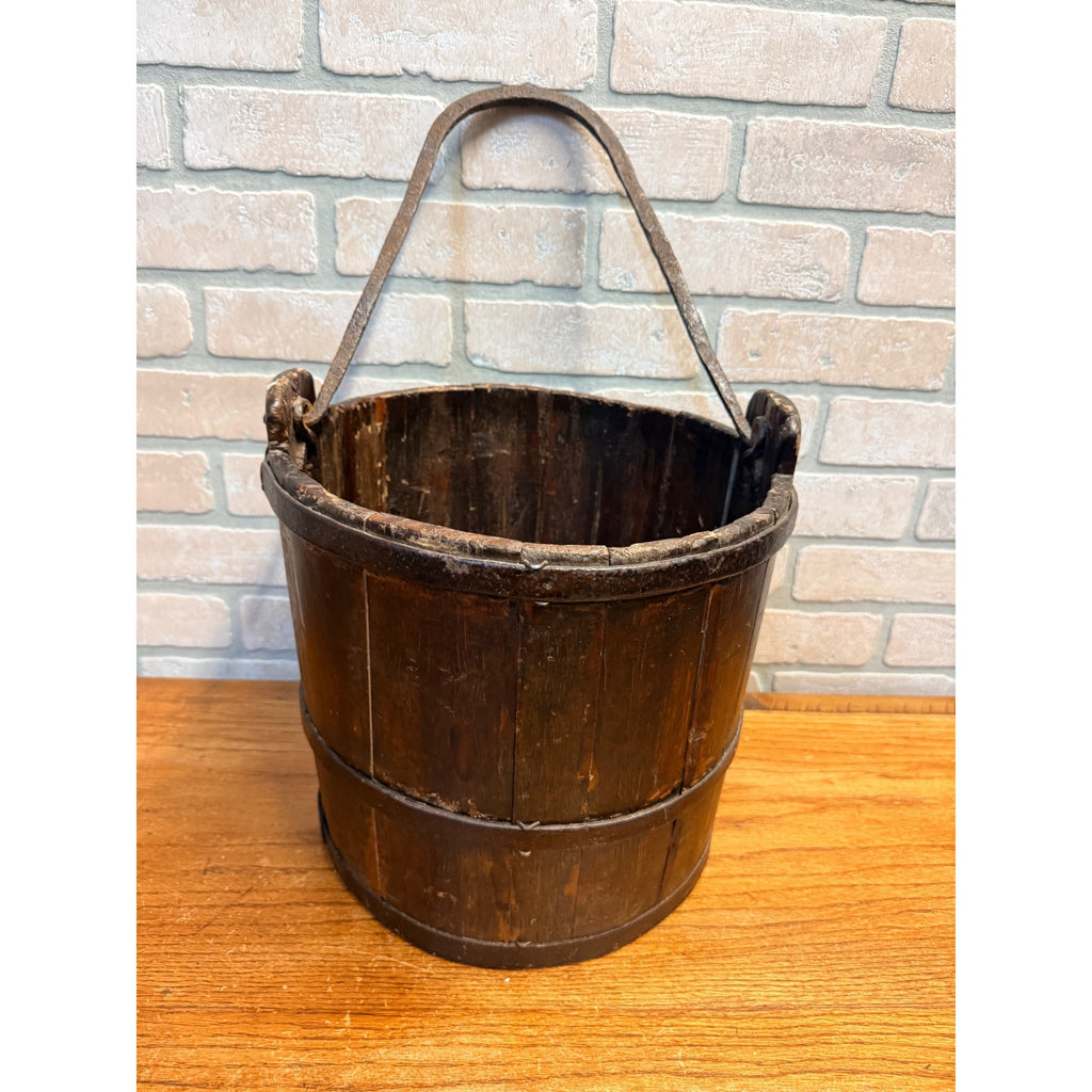 Antique Primitive 19th c. Wooden Water Well Pail Bucket w Iron Bail Handle 1880s