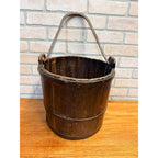 Antique Primitive 19th c. Wooden Water Well Pail Bucket w Iron Bail Handle 1880s