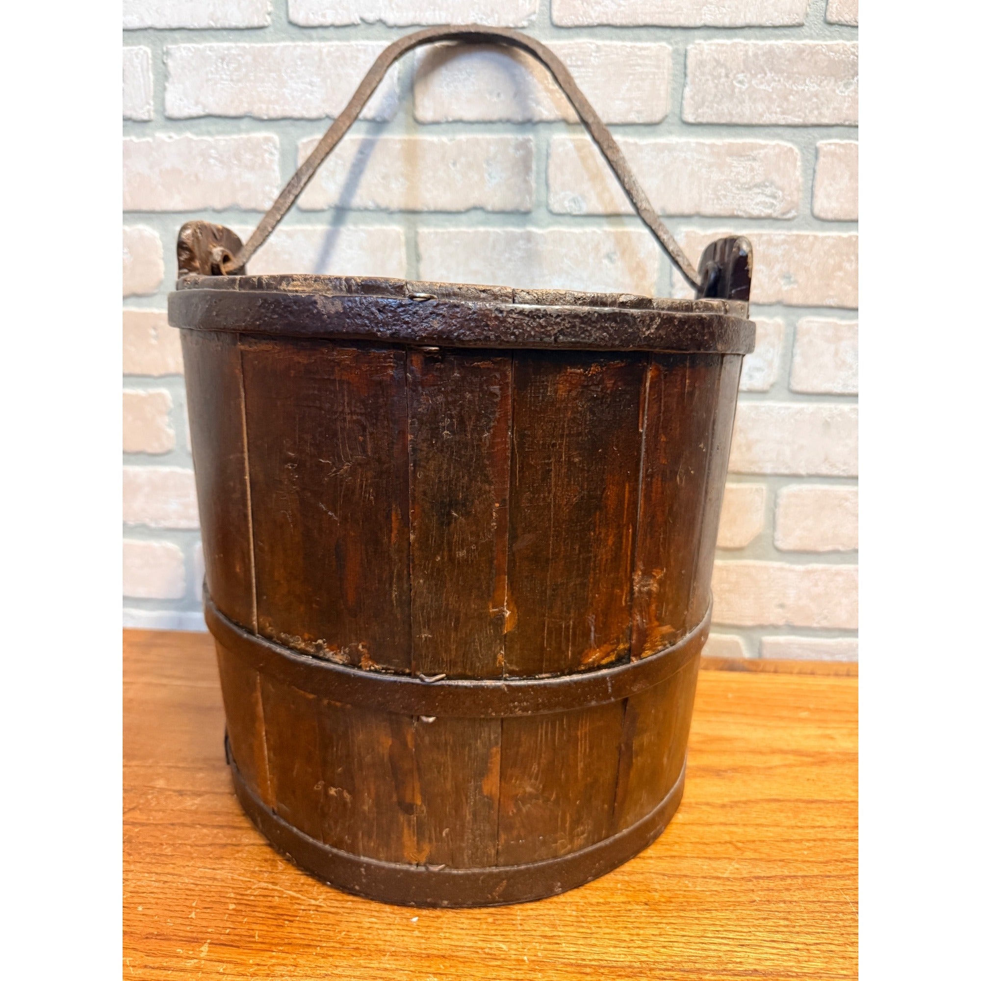 Antique Primitive 19th c. Wooden Water Well Pail Bucket w Iron Bail Handle 1880s