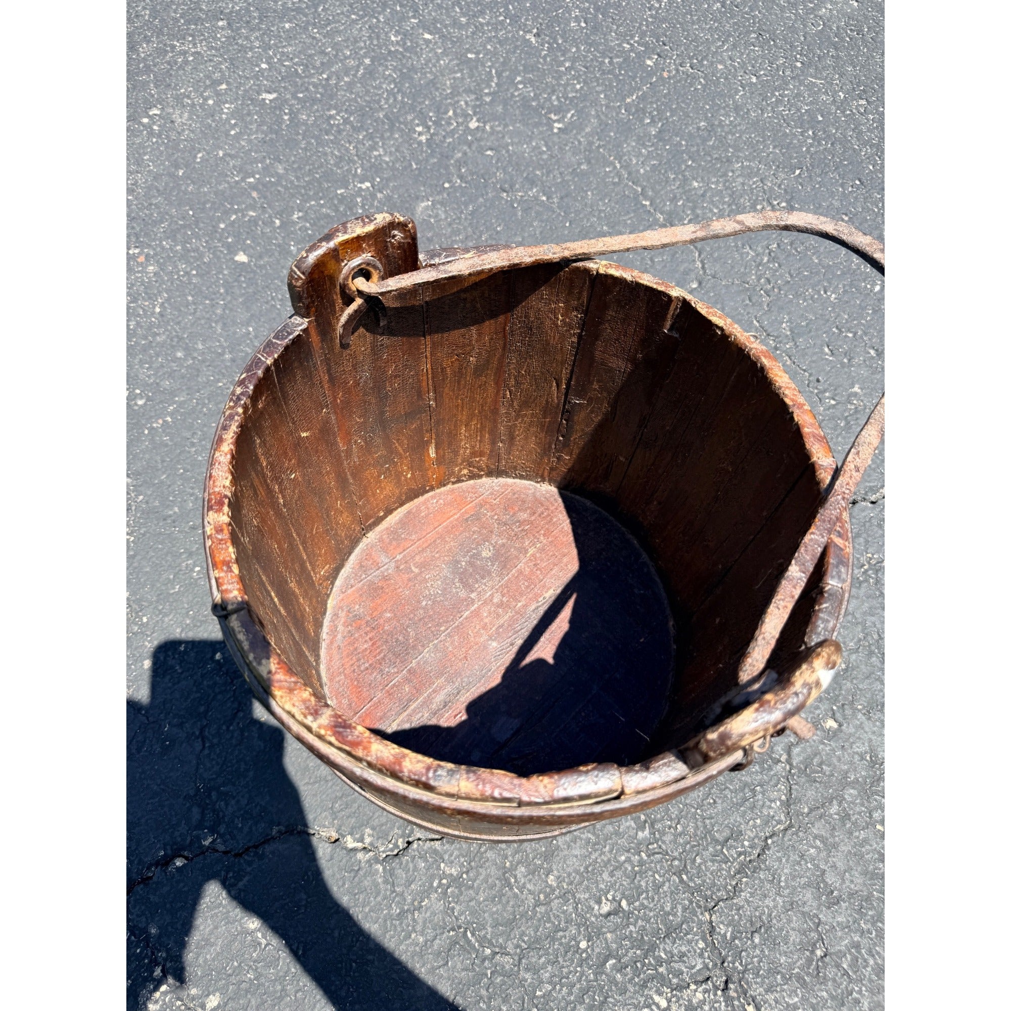 Antique Primitive 19th c. Wooden Water Well Pail Bucket w Iron Bail Handle 1880s