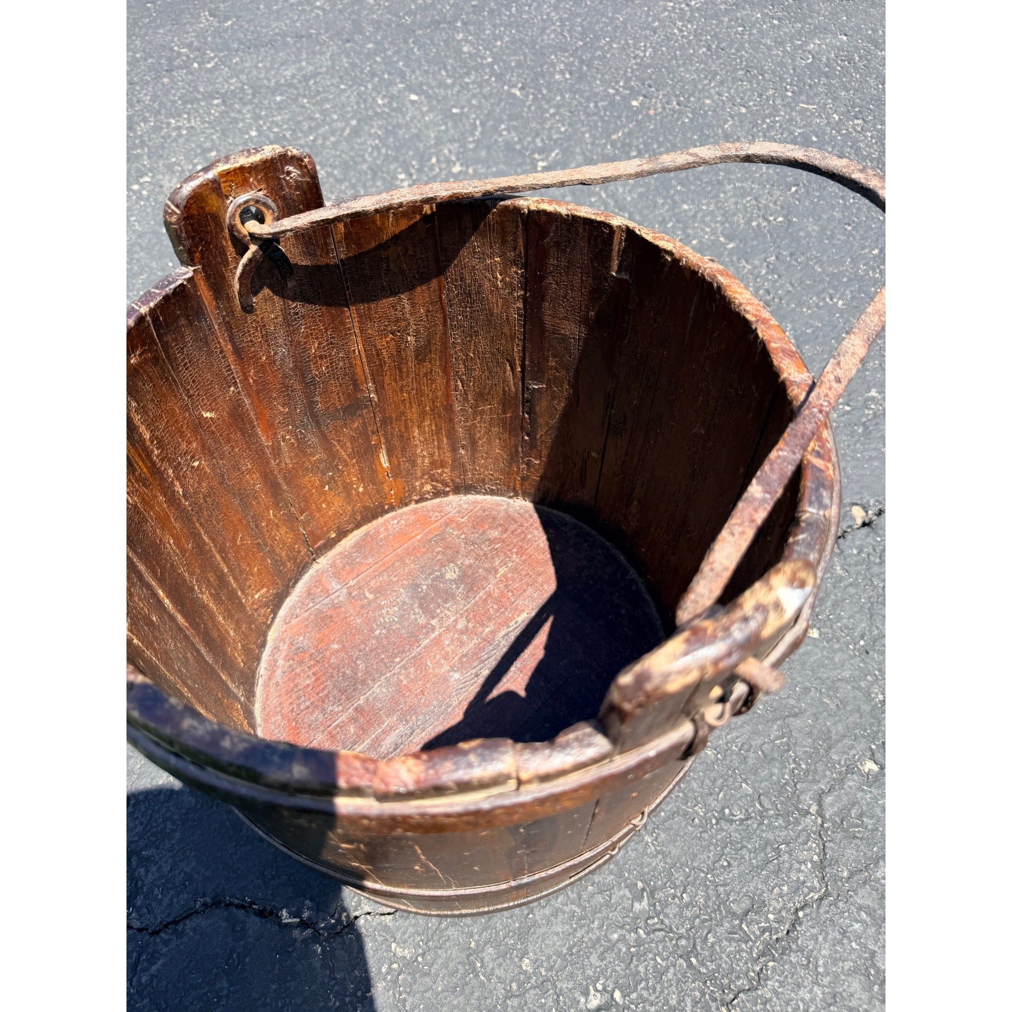 Antique Primitive 19th c. Wooden Water Well Pail Bucket w Iron Bail Handle 1880s