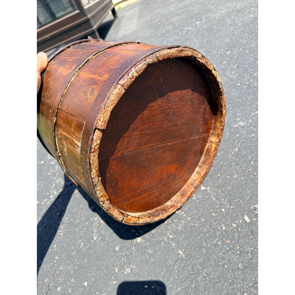 Antique Primitive 19th c. Wooden Water Well Pail Bucket w Iron Bail Handle 1880s