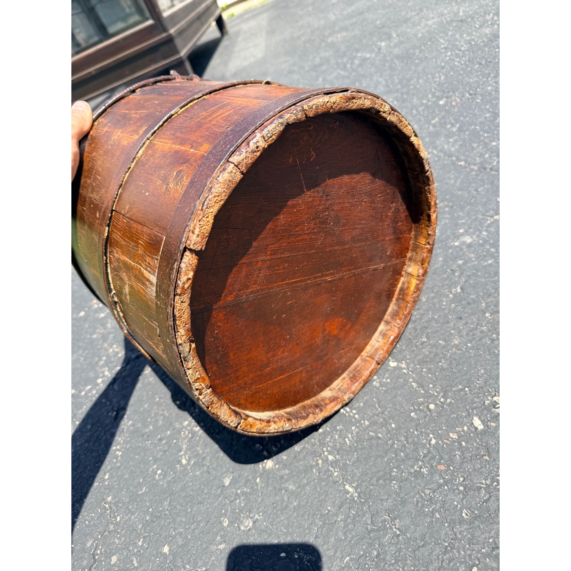 Antique Primitive 19th c. Wooden Water Well Pail Bucket w Iron Bail Handle 1880s