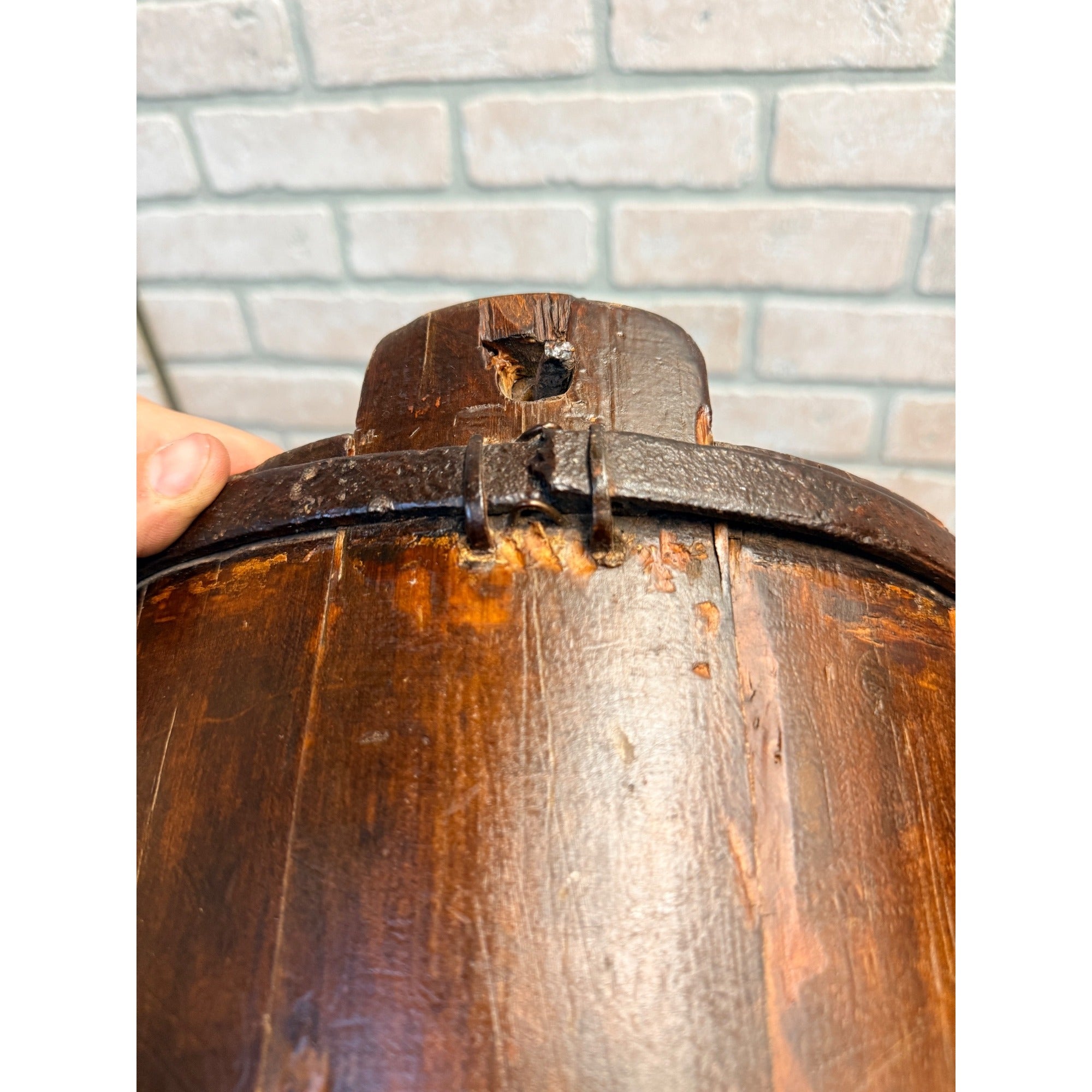 Antique Primitive 19th c. Wooden Water Well Pail Bucket w Iron Bail Handle 1880s