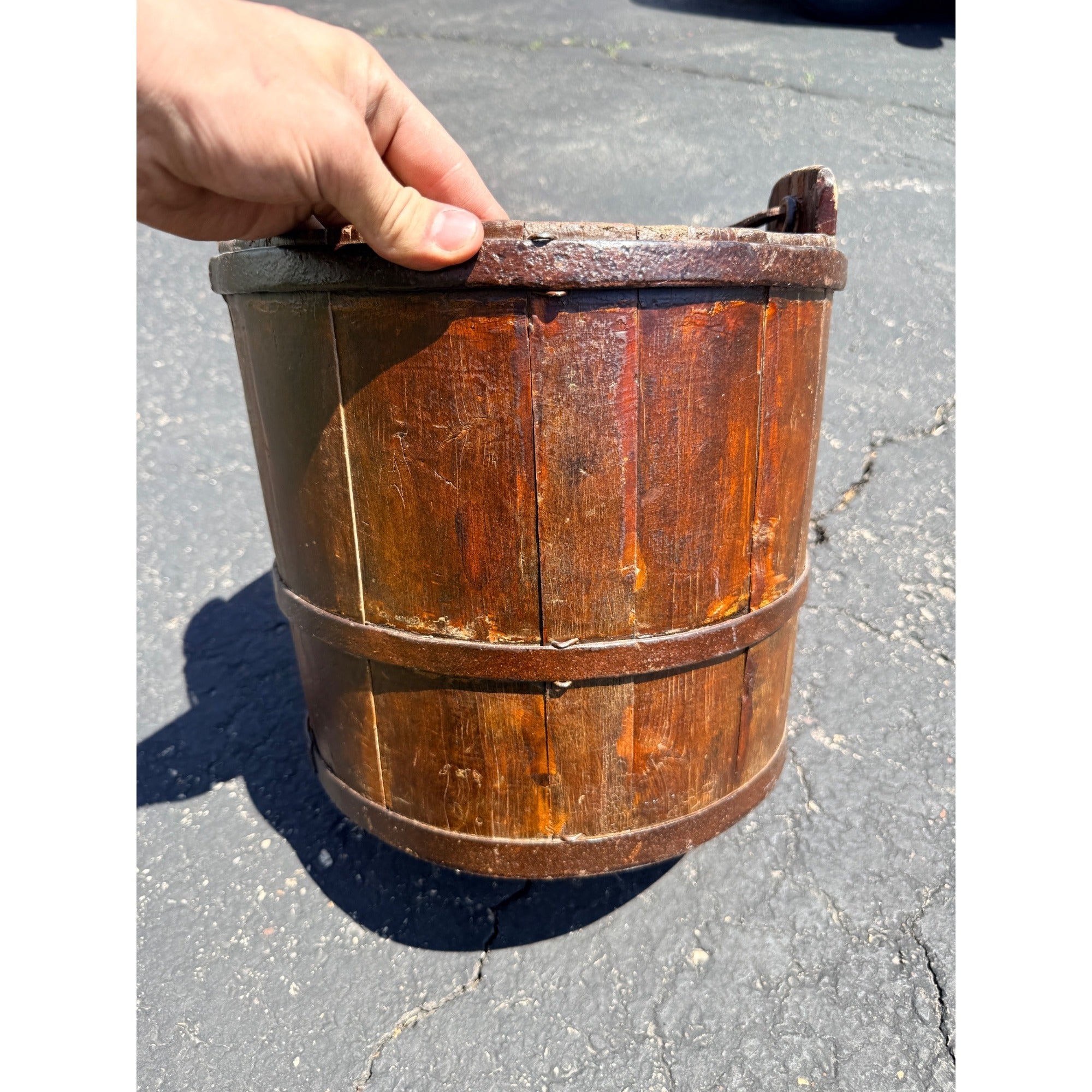 Antique Primitive 19th c. Wooden Water Well Pail Bucket w Iron Bail Handle 1880s