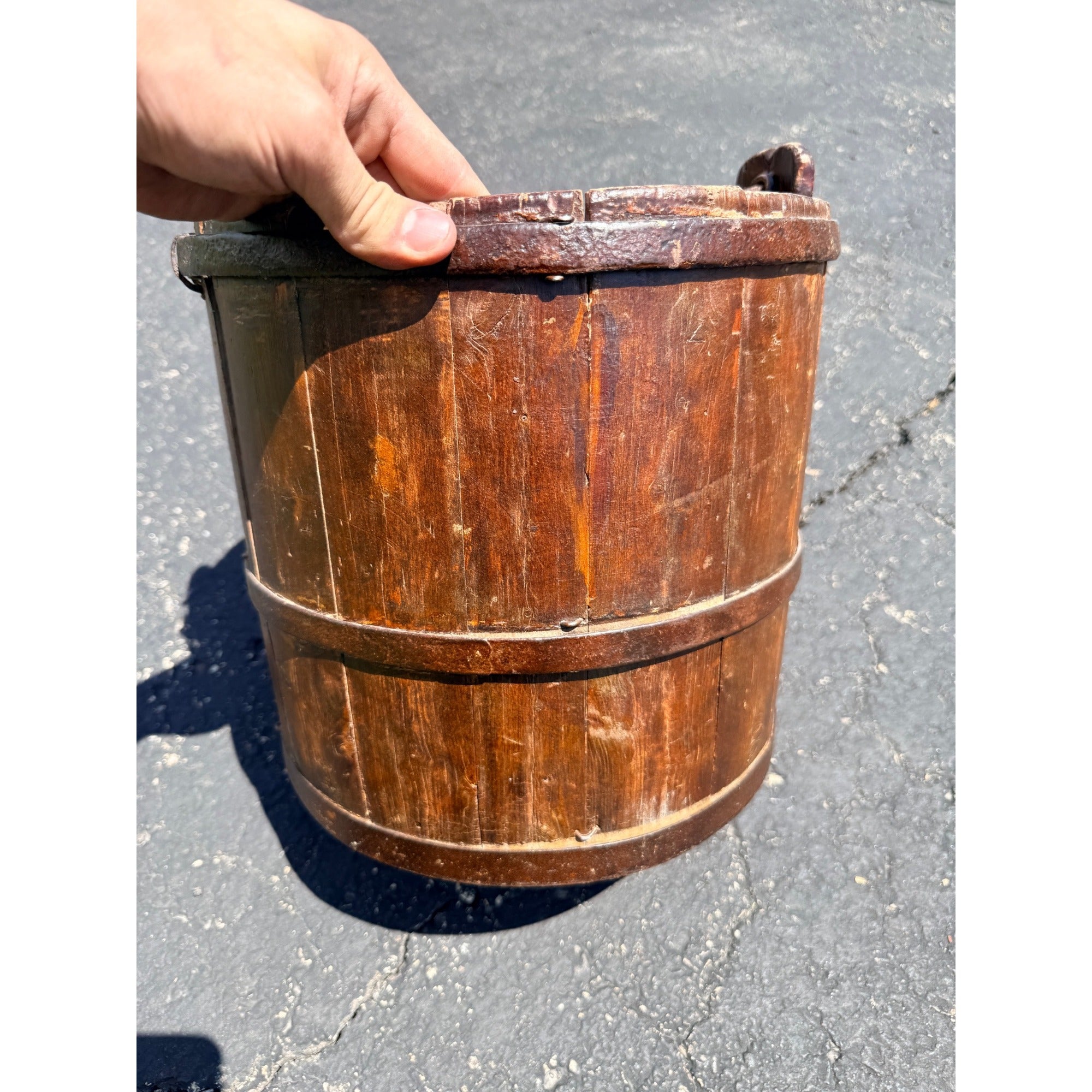 Antique Primitive 19th c. Wooden Water Well Pail Bucket w Iron Bail Handle 1880s