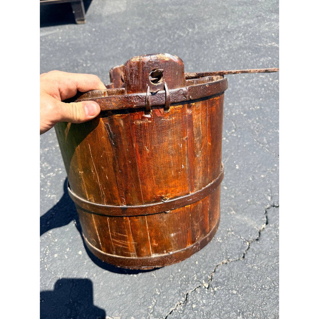Antique Primitive 19th c. Wooden Water Well Pail Bucket w Iron Bail Handle 1880s
