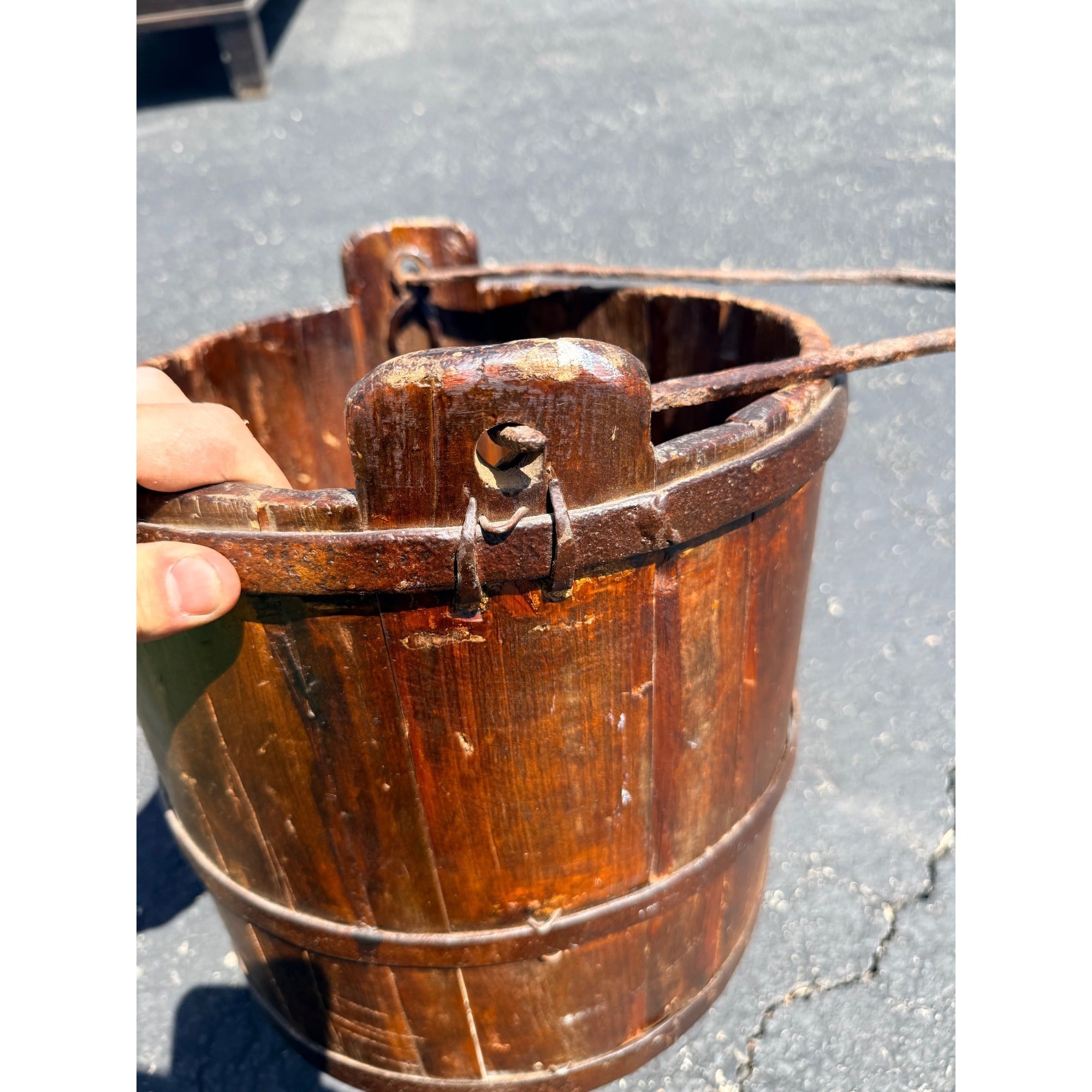 Antique Primitive 19th c. Wooden Water Well Pail Bucket w Iron Bail Handle 1880s