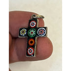 Vintage 900 Silver Millefiori Glass Cross Pendant Mexican Taxco Style Religious Charm