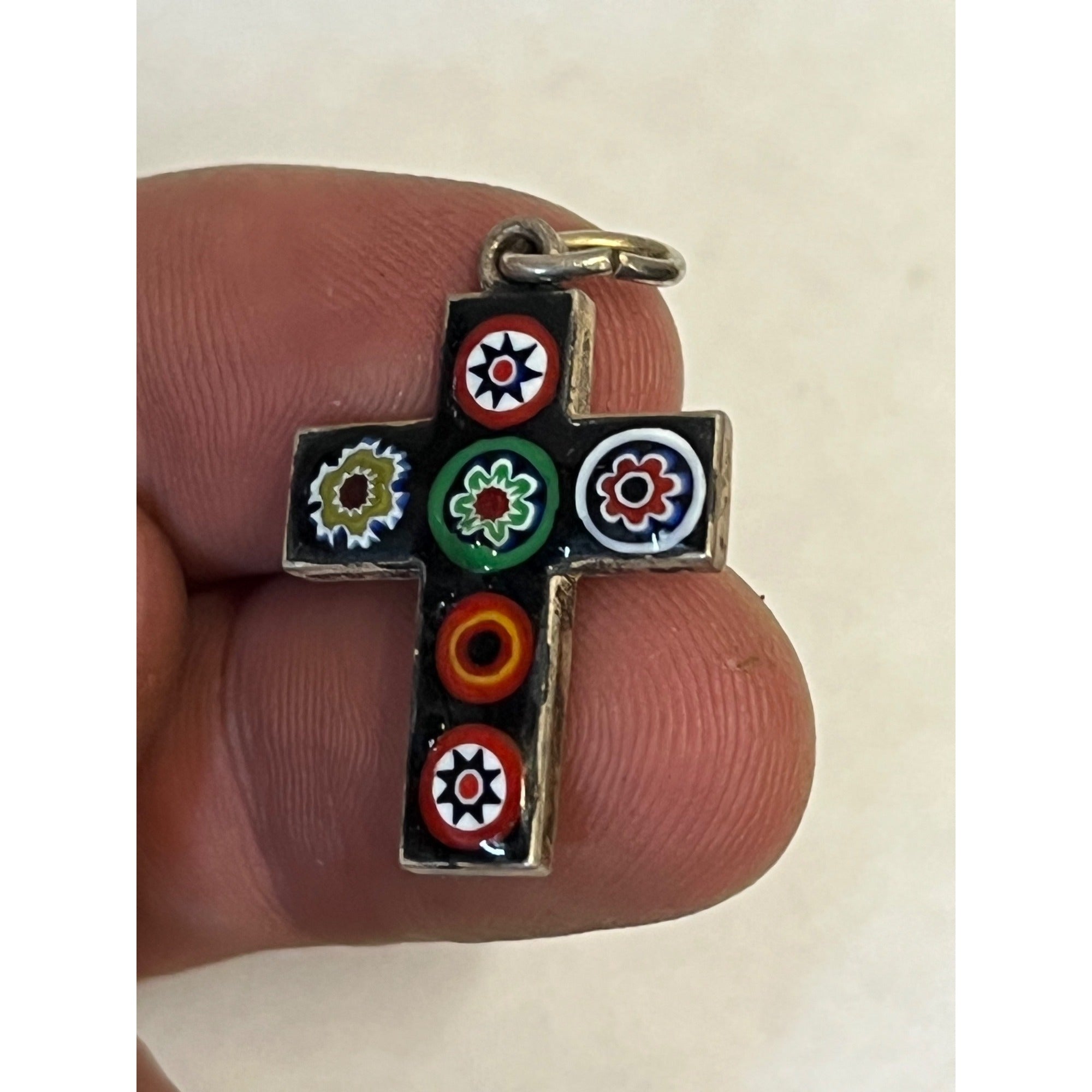 Vintage 900 Silver Millefiori Glass Cross Pendant Mexican Taxco Style Religious Charm