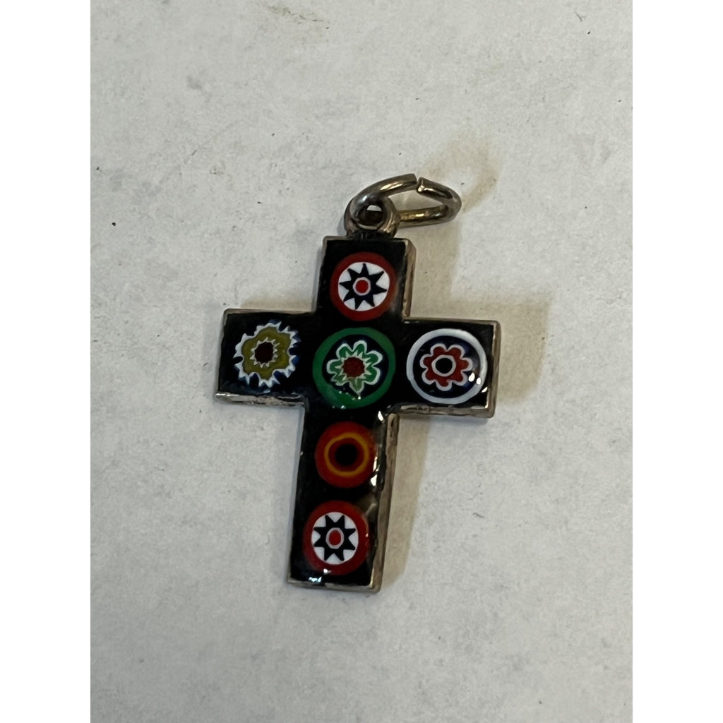 Vintage 900 Silver Millefiori Glass Cross Pendant Mexican Taxco Style Religious Charm