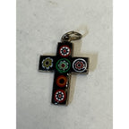 Vintage 900 Silver Millefiori Glass Cross Pendant Mexican Taxco Style Religious Charm