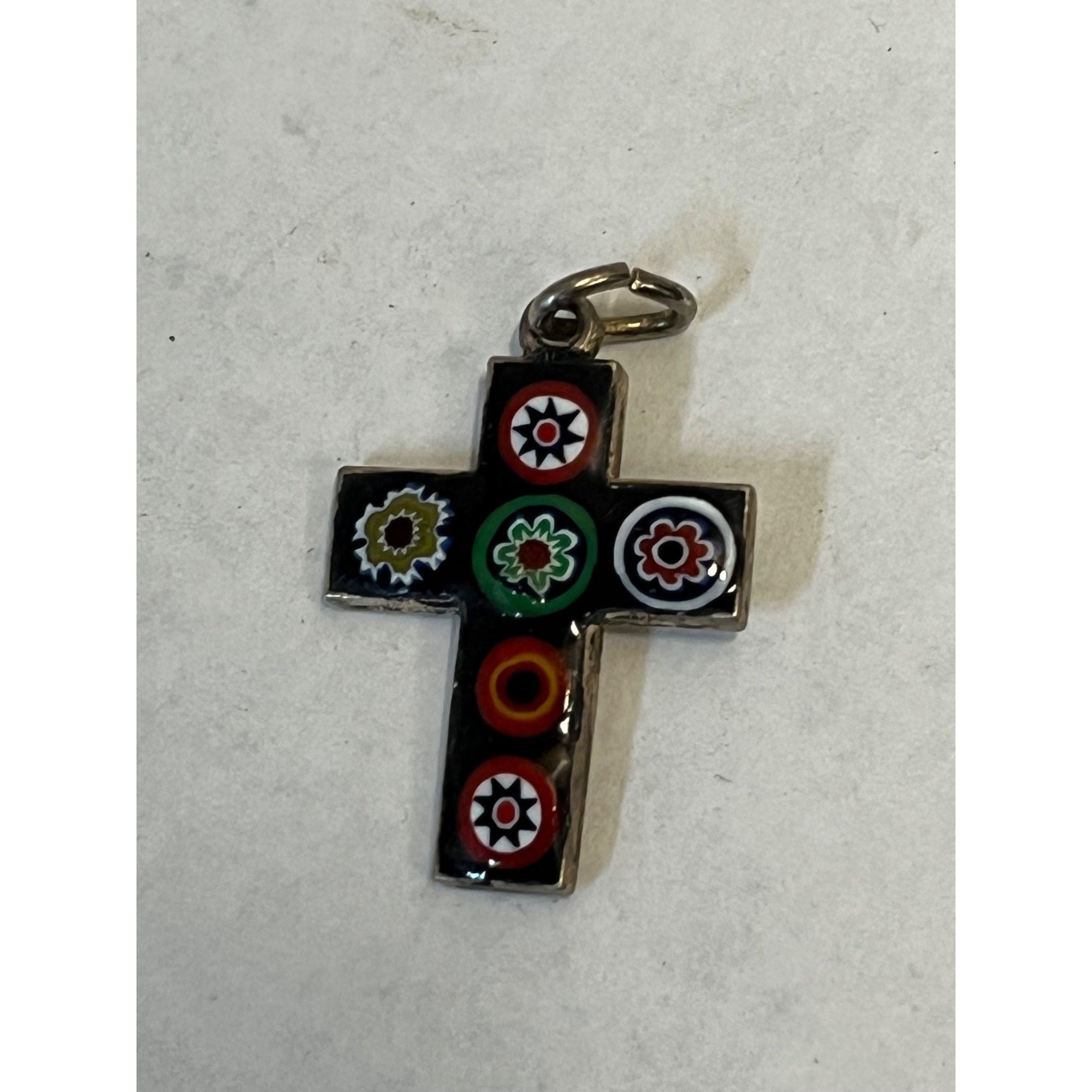 Vintage 900 Silver Millefiori Glass Cross Pendant Mexican Taxco Style Religious Charm