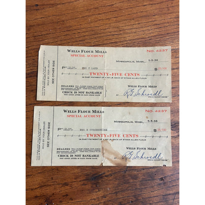 Vintage Wells Flour Mills 1936 Checks Minneapolis Minnesota Ethan Allen Flour MN