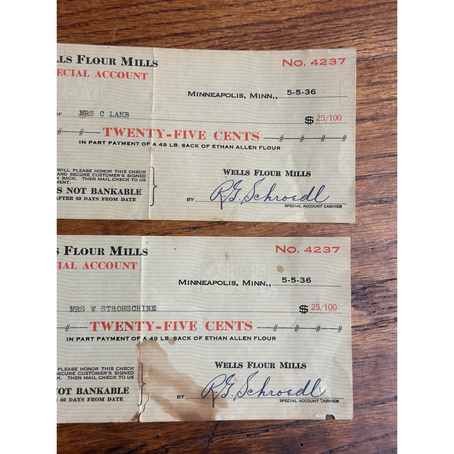 Vintage Wells Flour Mills 1936 Checks Minneapolis Minnesota Ethan Allen Flour MN