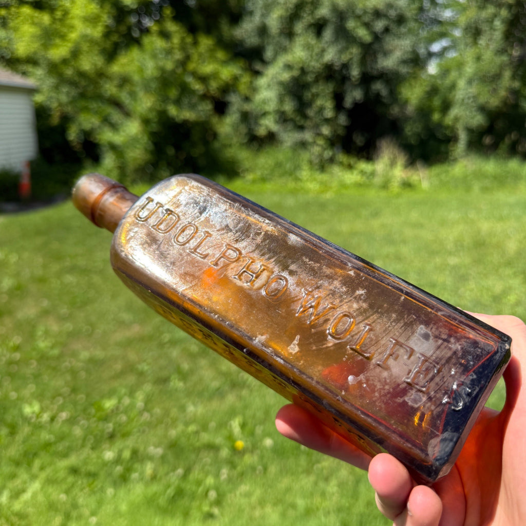 1880s Amber Udolpho Wolfe's Aromatic Schnapps Bottle 1880 Drippy Applied Lip Bottle