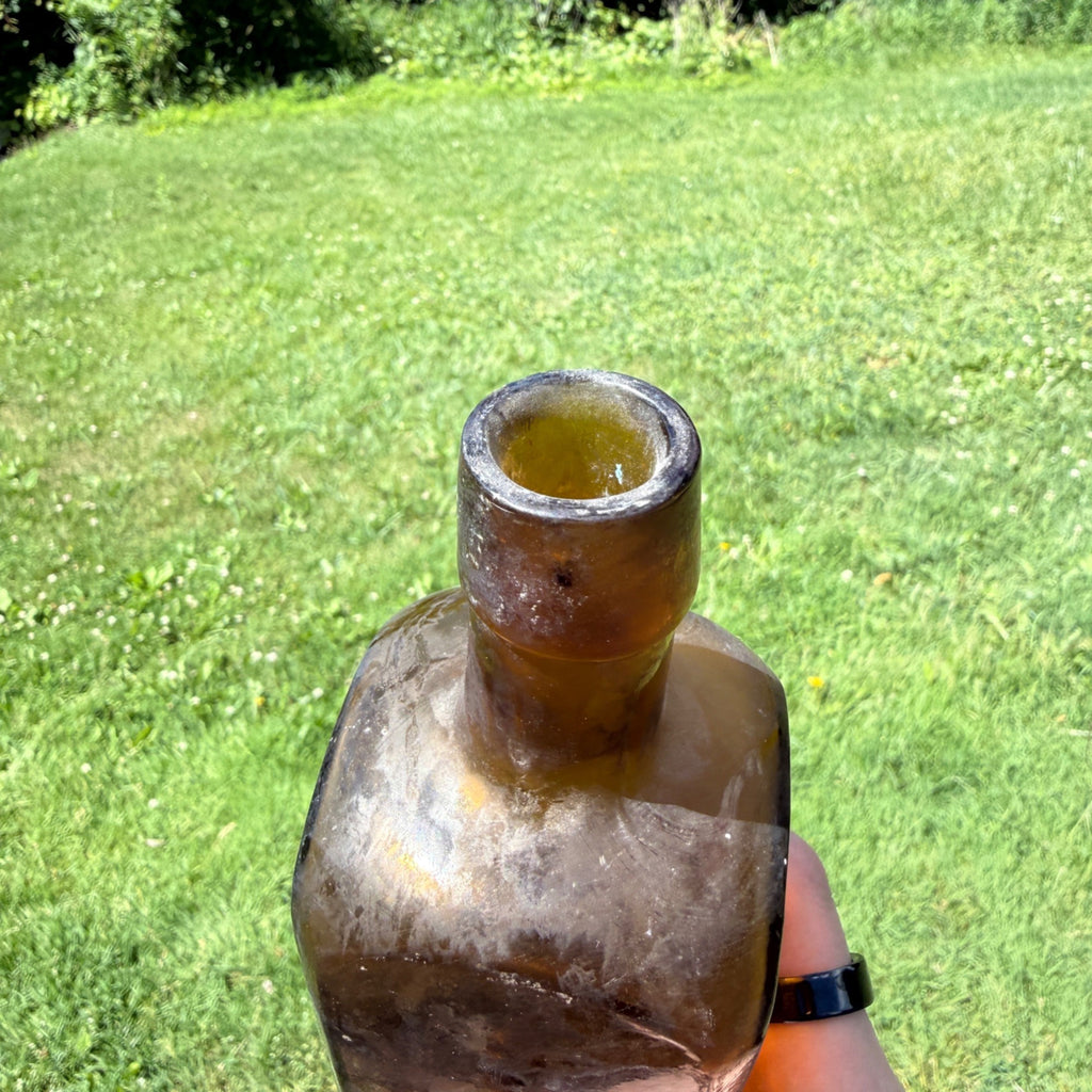 1880s Amber Udolpho Wolfe's Aromatic Schnapps Bottle 1880 Drippy Applied Lip Bottle