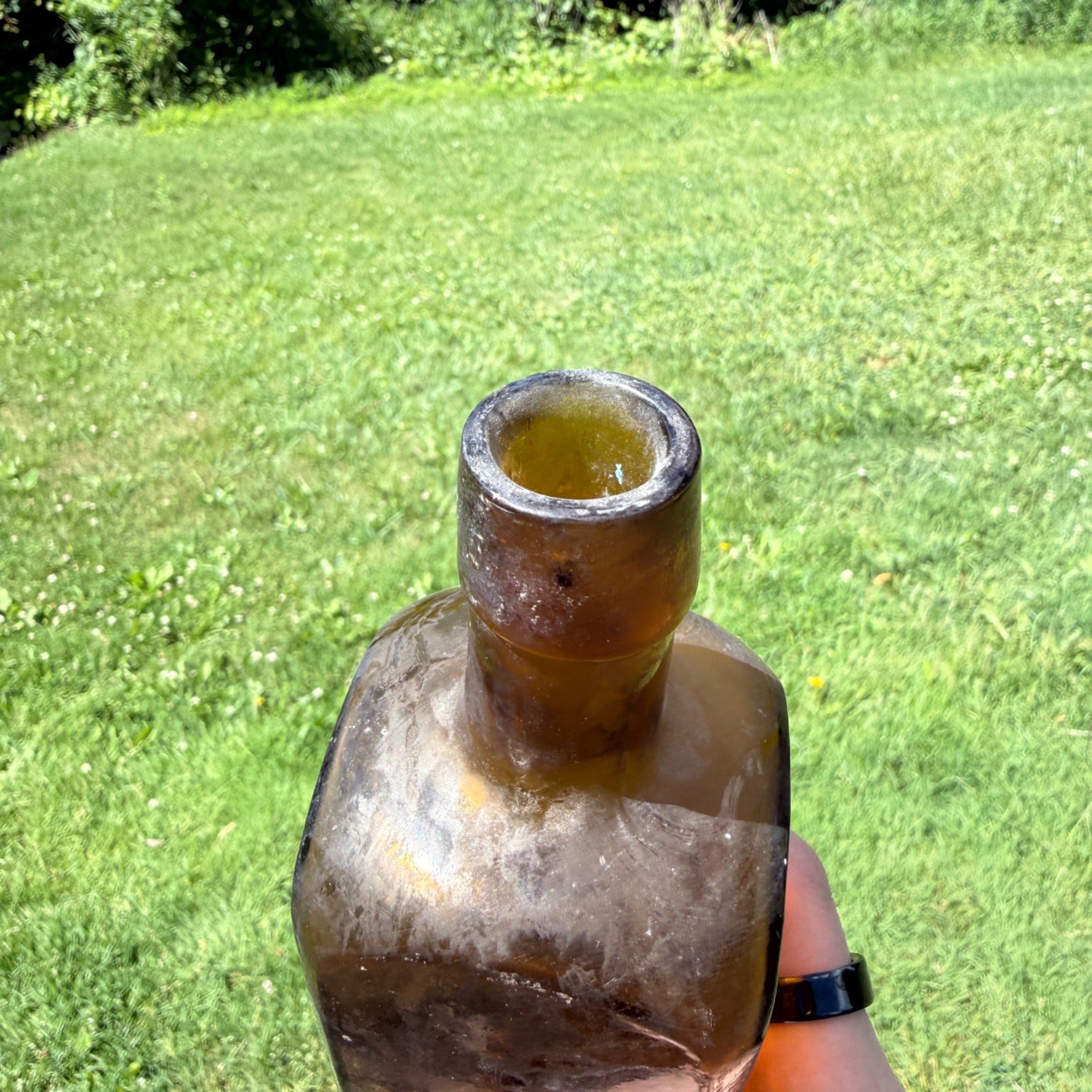 1880s Amber Udolpho Wolfe's Aromatic Schnapps Bottle 1880 Drippy Applied Lip Bottle