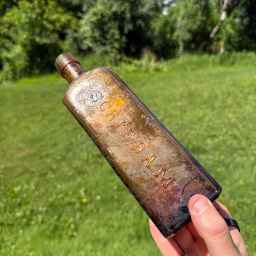 1880s Amber Udolpho Wolfe's Aromatic Schnapps Bottle 1880 Drippy Applied Lip Bottle