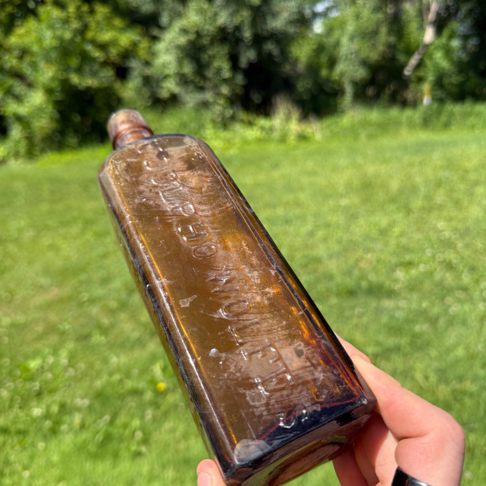 1880s Amber Udolpho Wolfe's Aromatic Schnapps Bottle 1880 Drippy Applied Lip Bottle