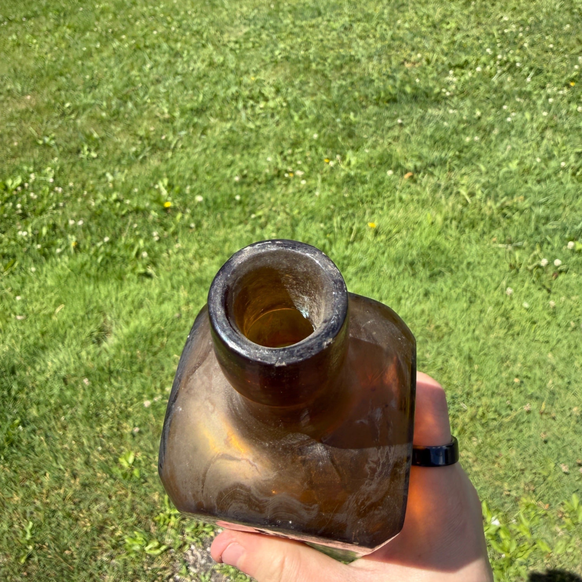 1880s Amber Udolpho Wolfe's Aromatic Schnapps Bottle 1880 Drippy Applied Lip Bottle